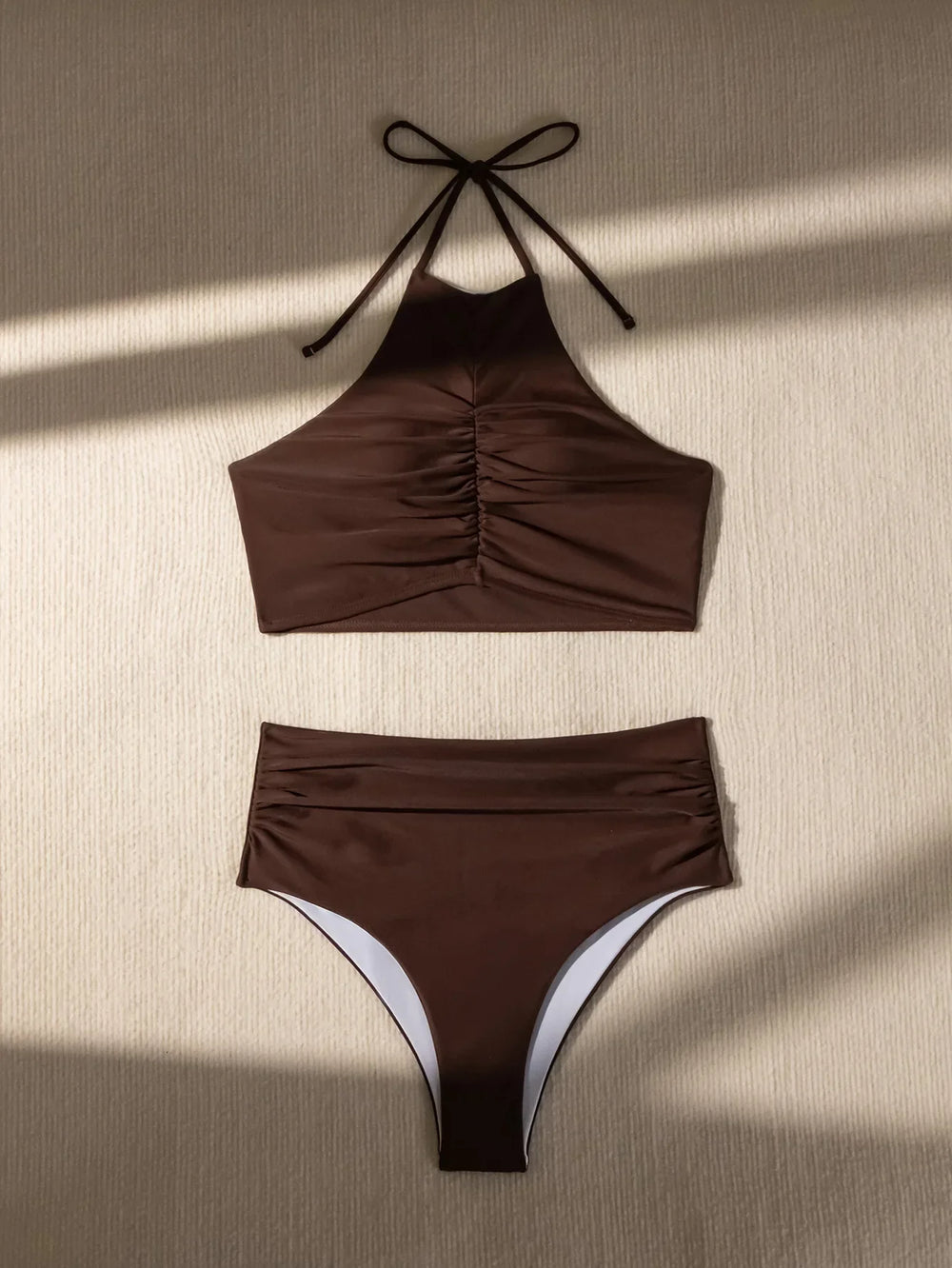 Coffee Coloured Halter Pleated Bikini Set Women