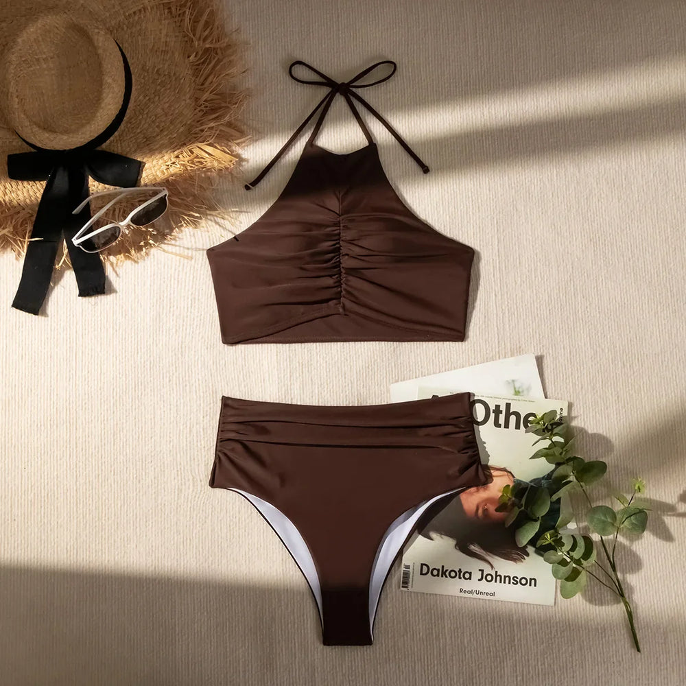 Coffee Coloured Halter Pleated Bikini Set Women