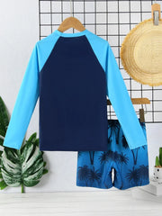 Boy Kids Swimsuit Blue Coconut Tree Long Sleeves Children Swimwear Summer Two Piece Beach Shorts Bathing Suit Swimming