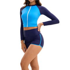 Women 2 Pieces Color Block Swimsuit Outfit Long Sleeve Bra Surf Zip Up Swim Top with Shorts Swimming Surfing Beach Bathing Suits