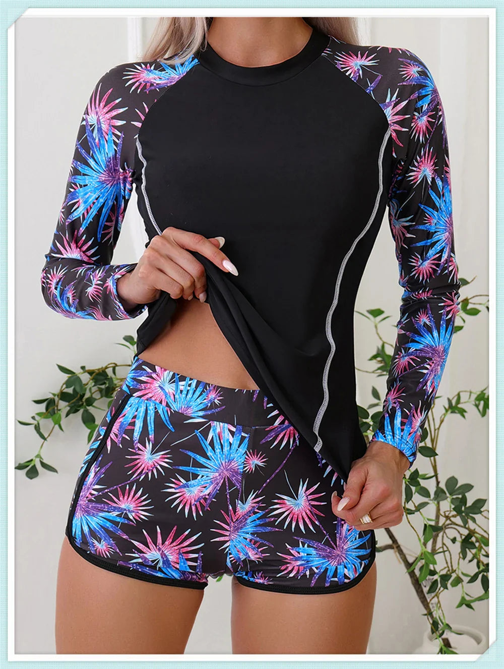 Long Sleeve Rash guard Swimsuit Women Tropical Printed Swimwear Two Pieces Diving Clothes Bathing Suit Surfing Beachwear