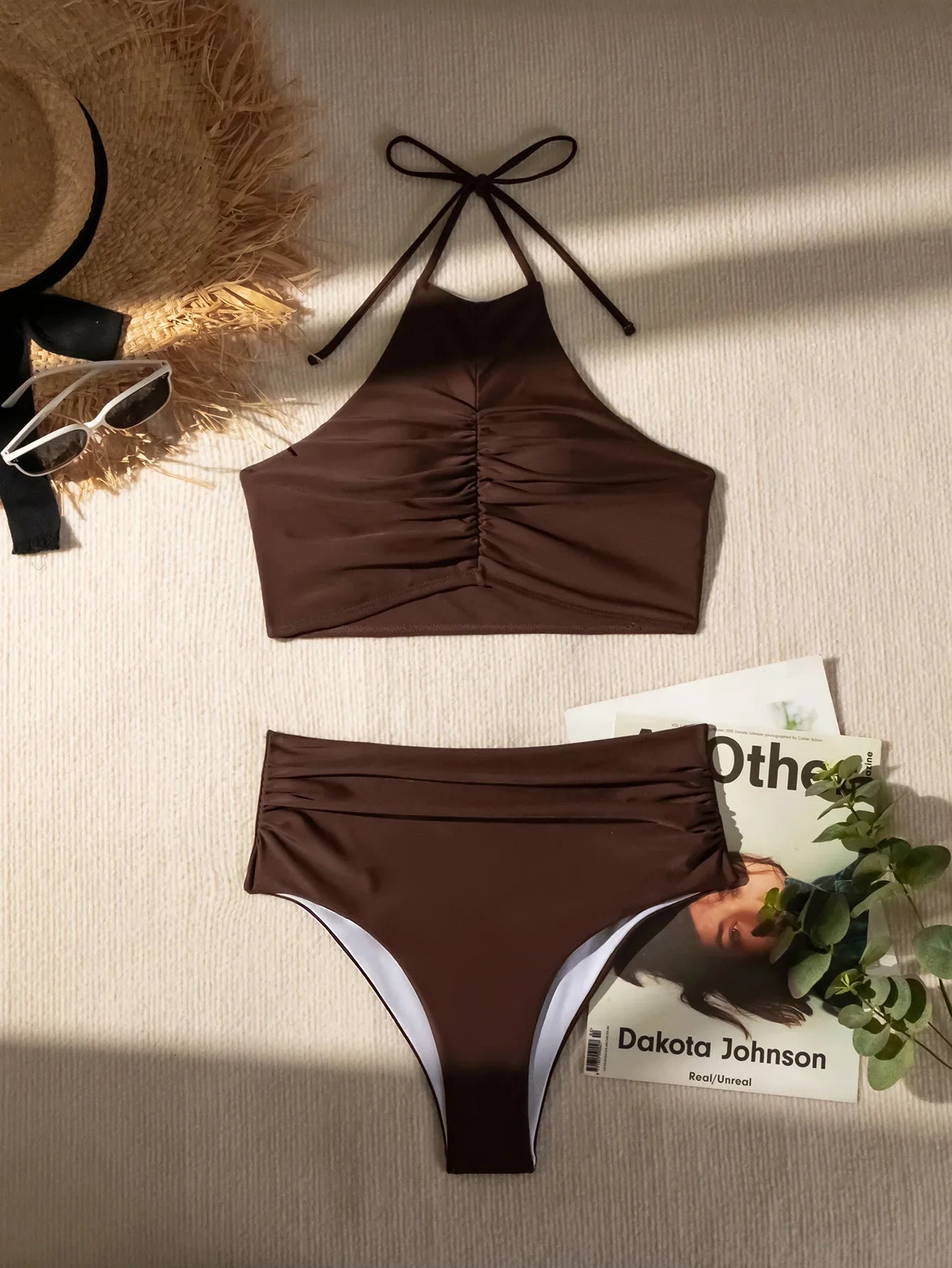 Coffee Coloured Halter Pleated Bikini Set Women
