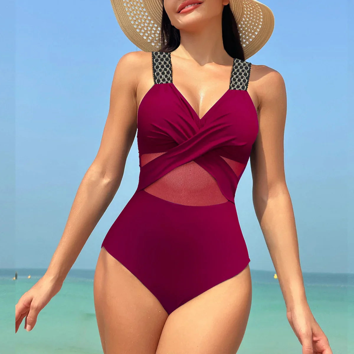 One Piece Swimsuit Swimwear Push Up Women Mesh Patchwork Bathing Suit Beachwear Swimming Suit Bathers