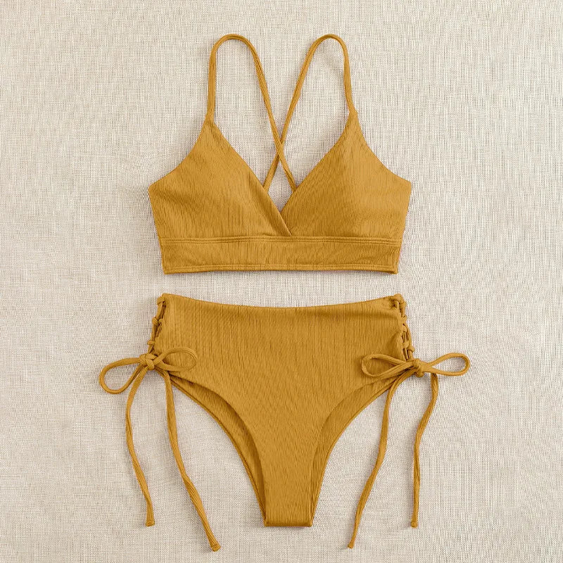 V-Neck Split Bikini Set for Women, Swimsuit, Lace Up, Triangular Bikinis, Solid Color, Beach Swimwear, Bathing Suit