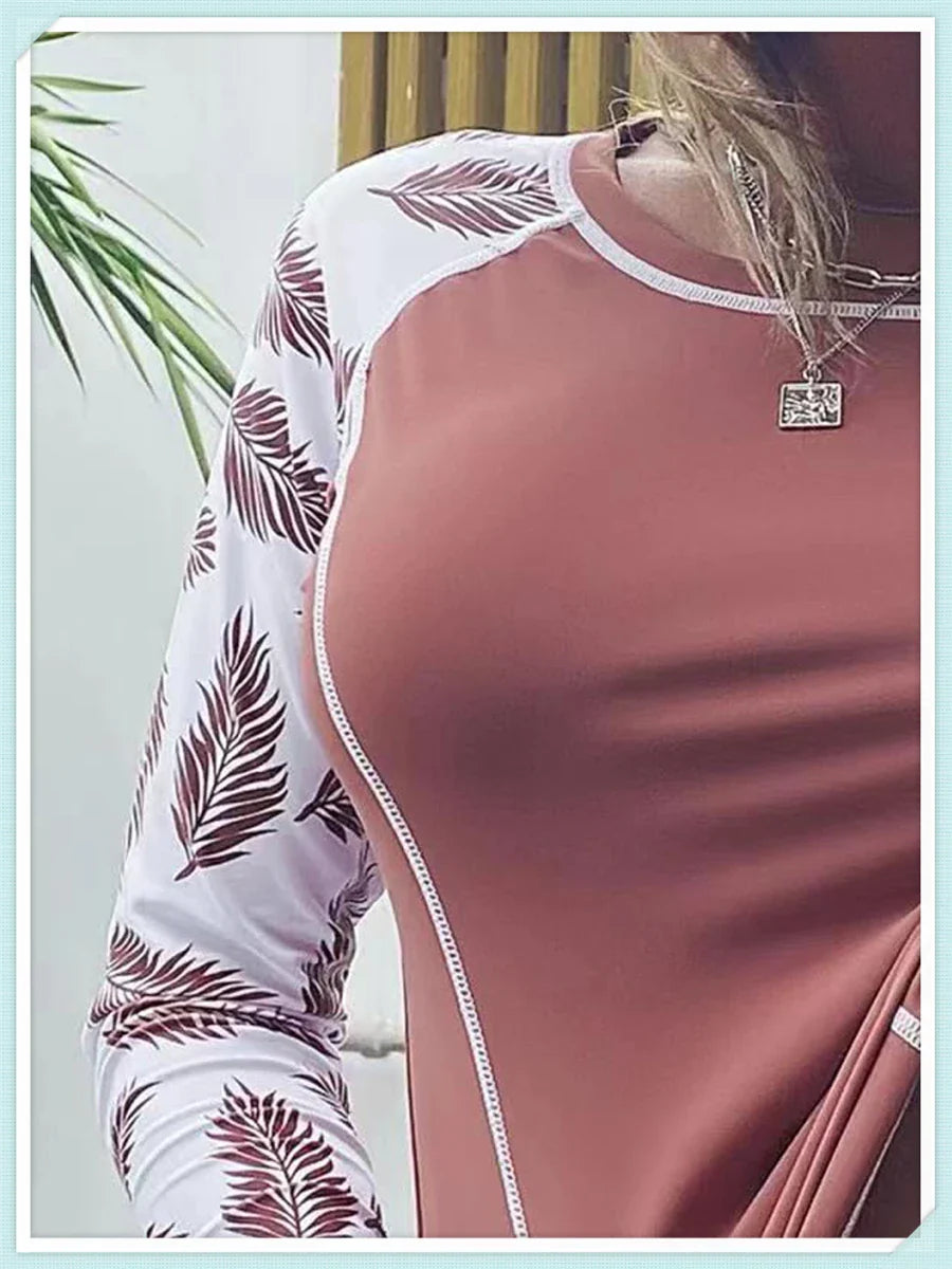 Long Sleeve Rash guard Swimsuit Women Tropical Printed Swimwear Two Pieces Diving Clothes Bathing Suit Surfing Beachwear