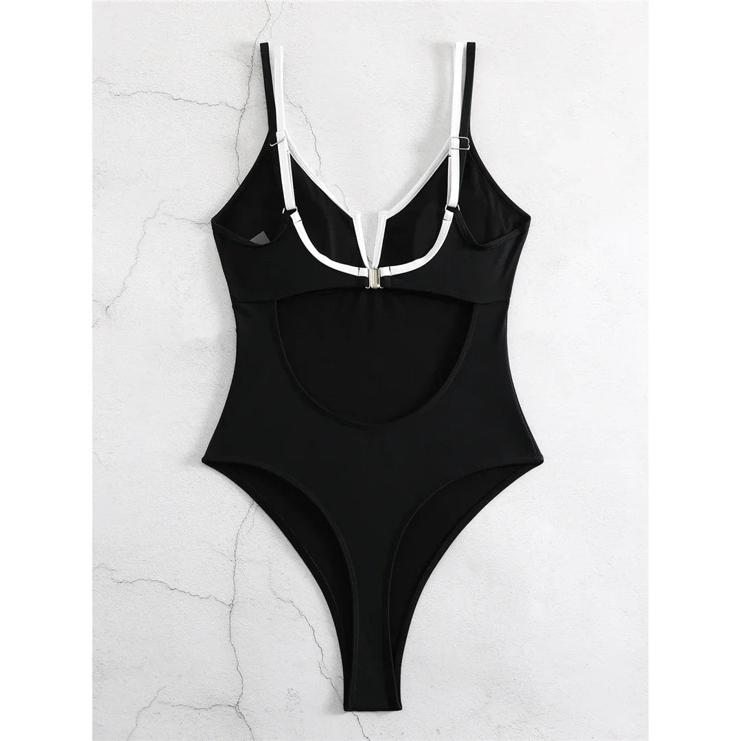 S - XL V Shaped Cut Out Backless One Piece Swimsuit Women Swimwear Female Splicing High Leg Cut Bather Bathing Suit Swim