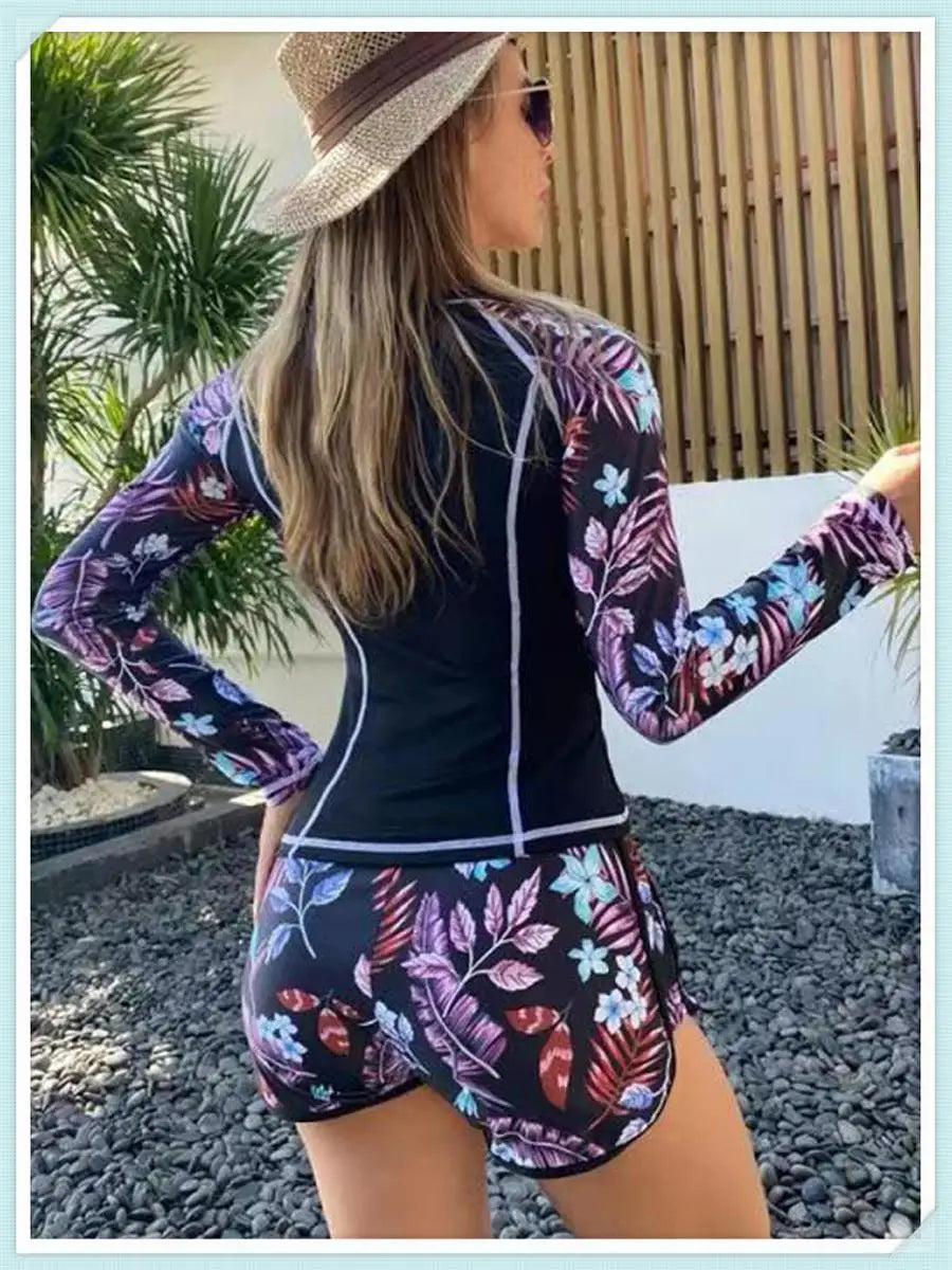 Long Sleeve Rash guard Swimsuit Women Tropical Printed Swimwear Two Pieces Diving Clothes Bathing Suit Surfing Beachwear