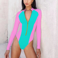 Patchwork One Piece Swimsuit Long Sleeve Swimwear Women Bathing Suit Retro Zipper Swimsuit One Piece Surfing Swim Wear