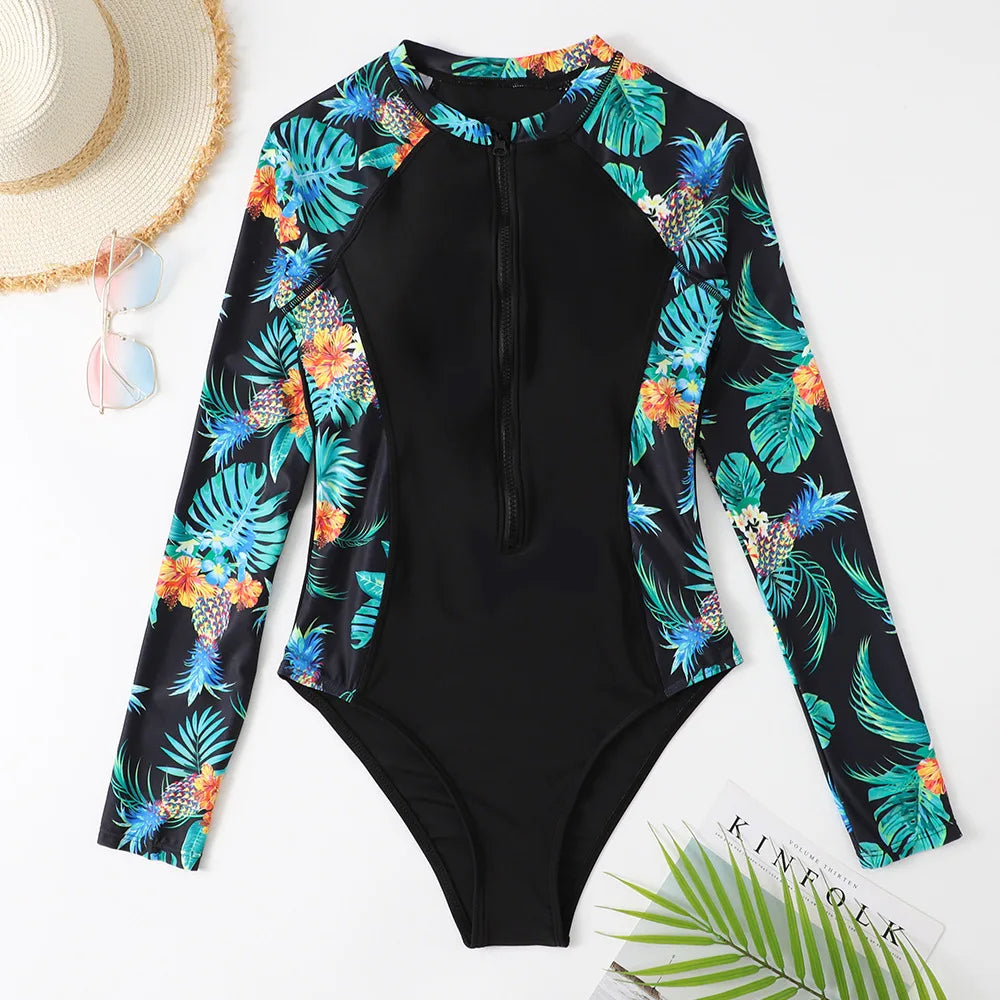 Coloured Flowers Long Sleeves Swimwear Women Surfing Swimsuits