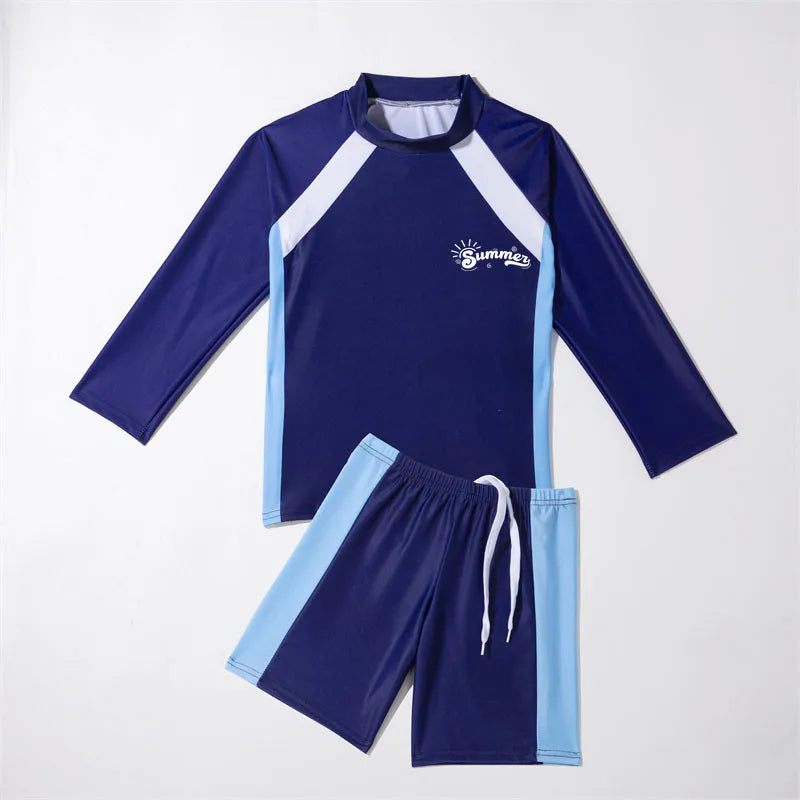 Student Children's Two Pieces Swimsuit Teenage Boys Girls Long Sleeve Top and Shorts Swim Suit Quick Drying  Swimwear Surf Suit