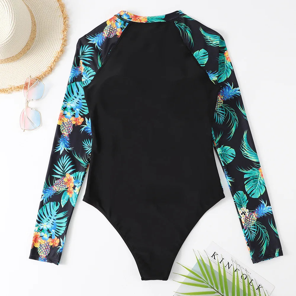 Coloured Flowers Long Sleeves Swimwear Women Surfing Swimsuits