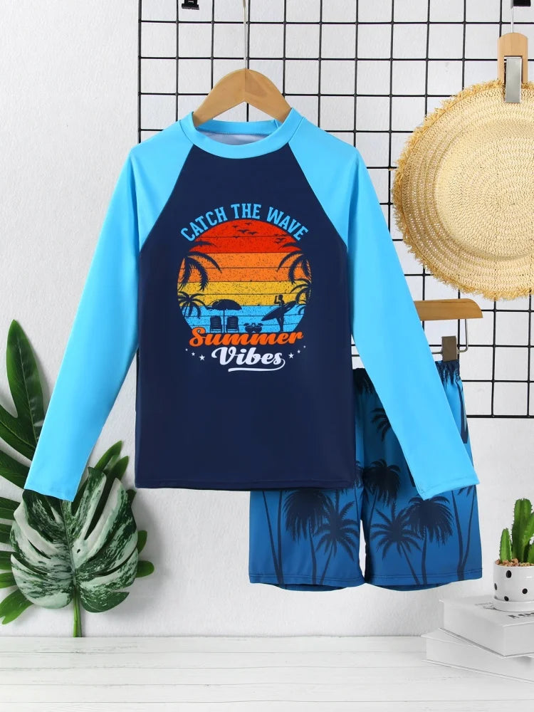 Boy Kids Swimsuit Blue Coconut Tree Long Sleeves Children Swimwear Summer Two Piece Beach Shorts Bathing Suit Swimming