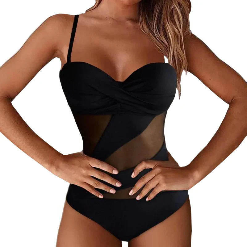 Black Mesh Net One Piece Swimsuit Closed Female Swimwear Push Up Body Women's Swim Wear Bathing Suit Beach Pool Bather