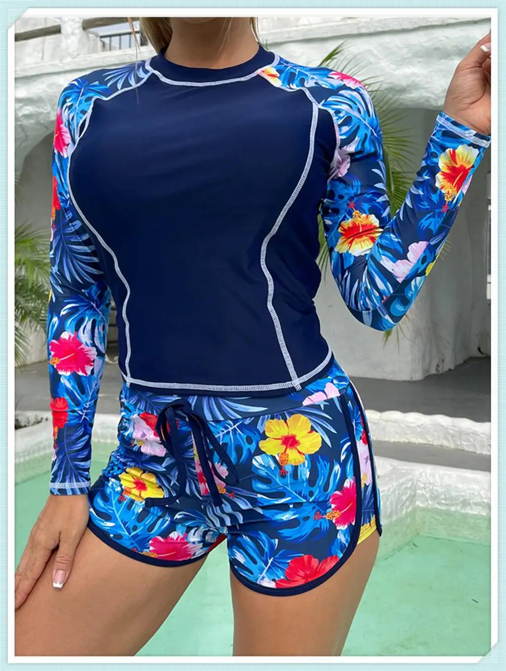 Long Sleeve Rash guard Swimsuit Women Tropical Printed Swimwear Two Pieces Diving Clothes Bathing Suit Surfing Beachwear