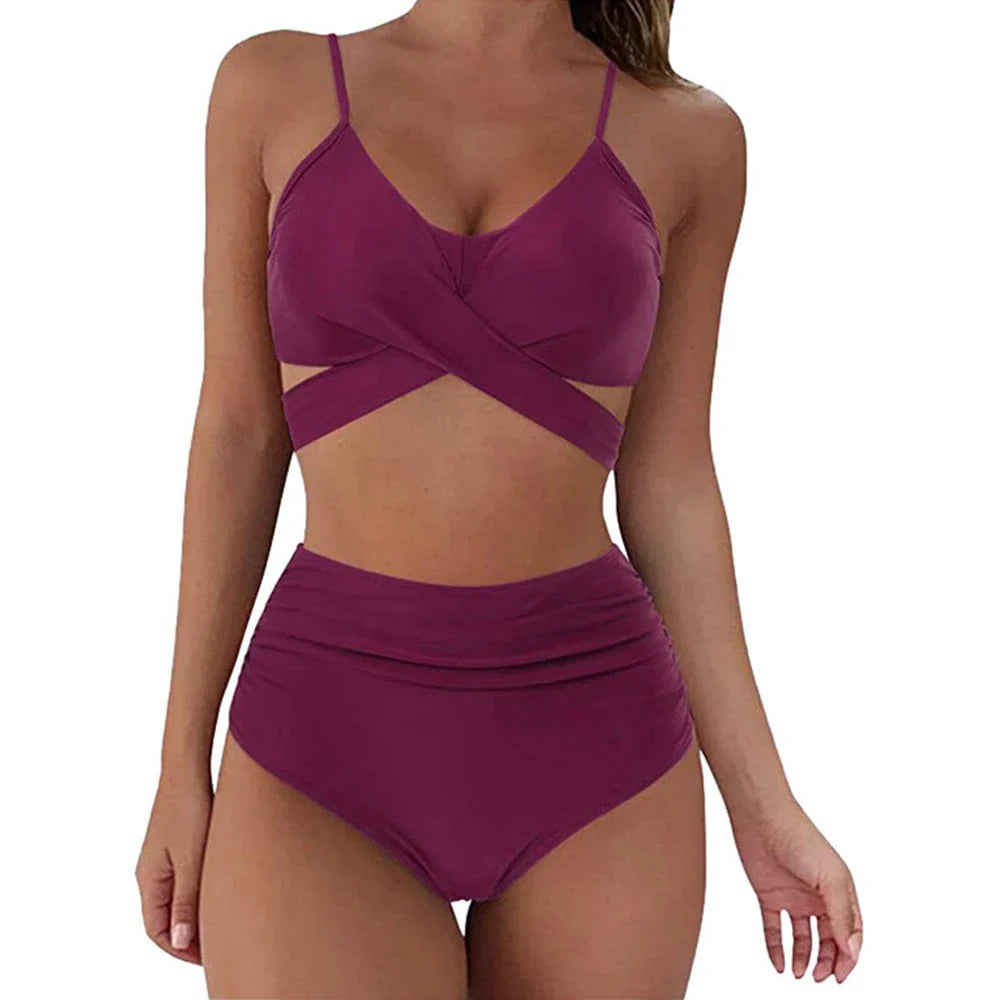 12 Colors Women Slim Bikini Sets High Waisted Swimwear 2 Pieces Solid/Floral Ruched Brazilian Swimsuit Cross Front