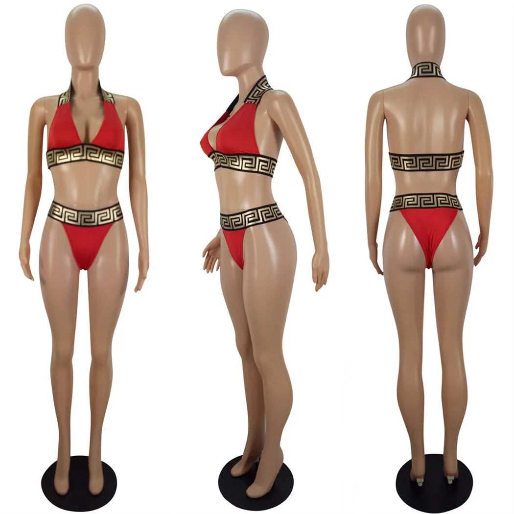 Print Black Push Up Bikini Two Pieces Set Women Swimwear Bandage Halter Swimsuit Bathing Suit