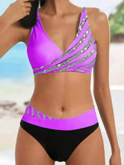 V Neck Bikini Set Women Stripe Print Patchwork Swimwear Summer Beachwear Swimsuit Female Bathers Bathing Swimming Suit 2XL