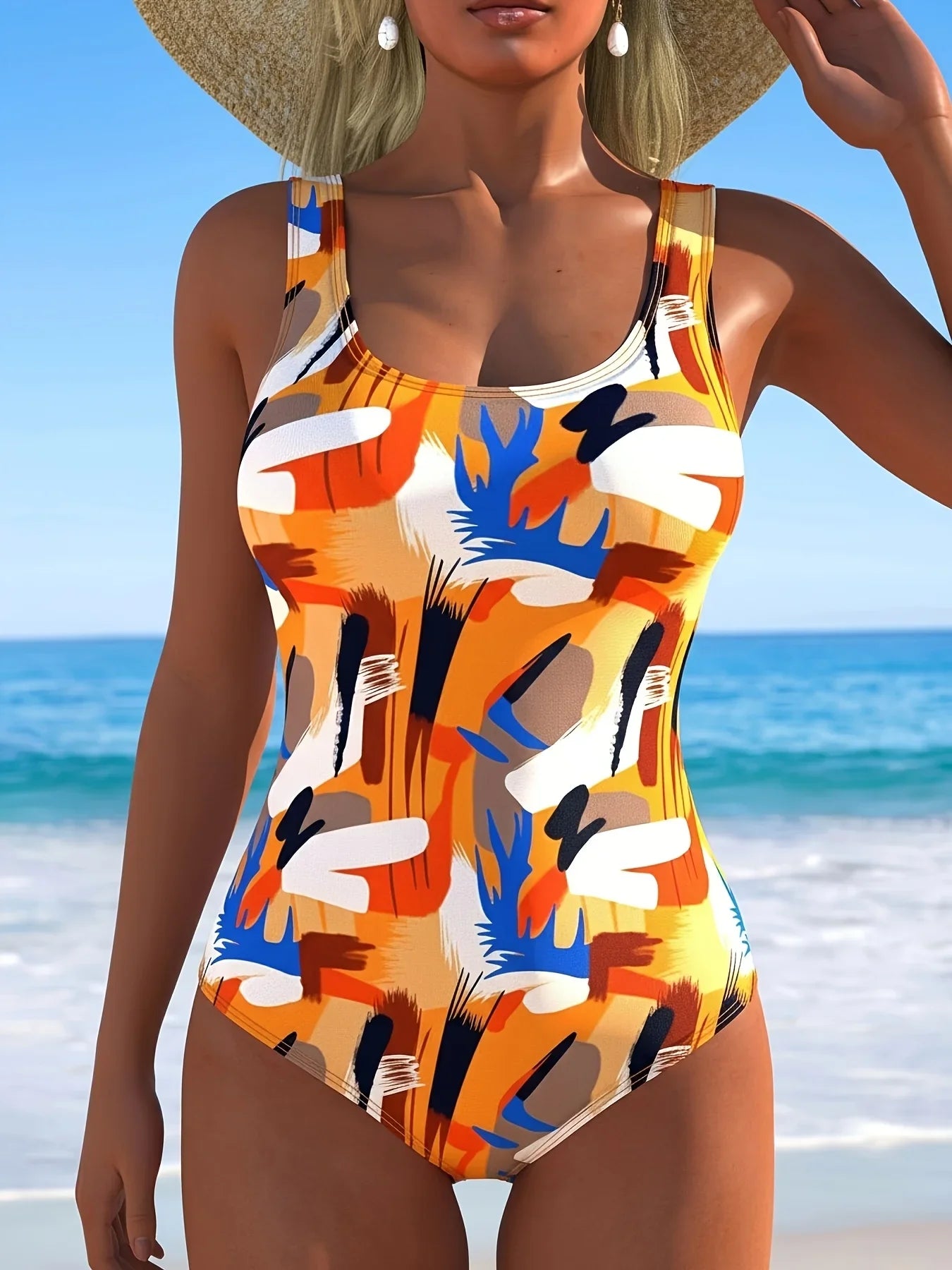 Women's Art Abstract Print Beach Vacation Style One-Piece Swimsuit Sporty European and American Style Regular Size