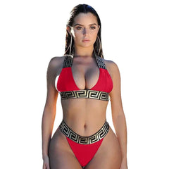 Print Black Push Up Bikini Two Pieces Set Women Swimwear Bandage Halter Swimsuit Bathing Suit