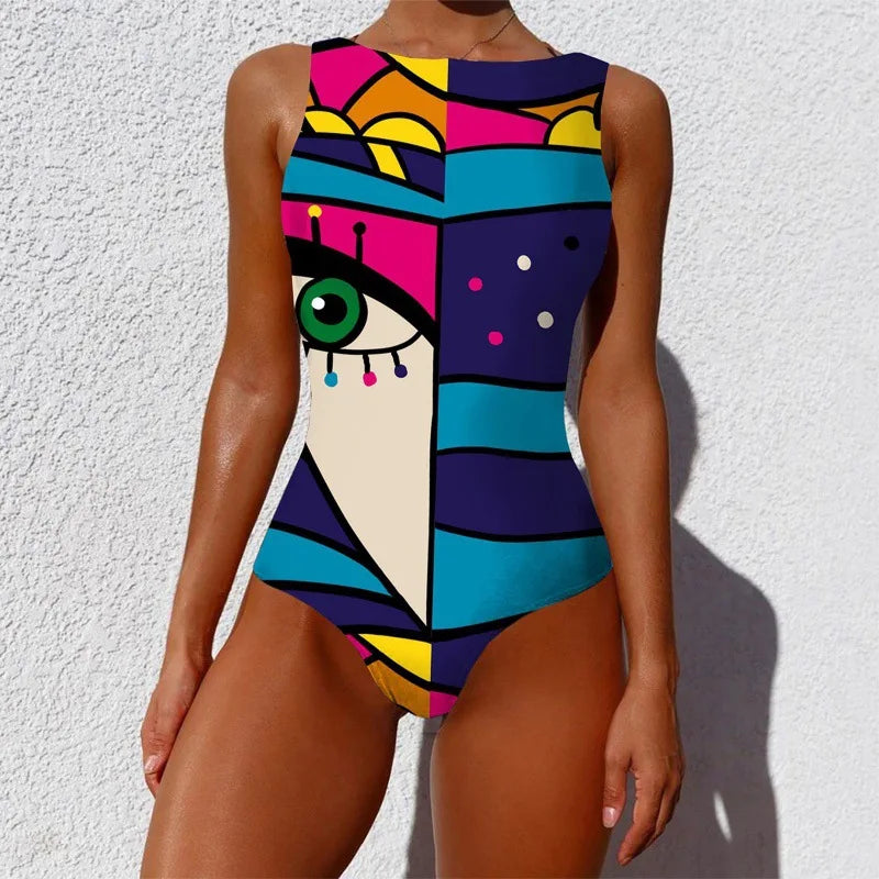 One Piece Swimwear Woman Fashion Abstract Pattern Print Backless Bodysuit Swimsuit Brazilian Beach Bathing Suits