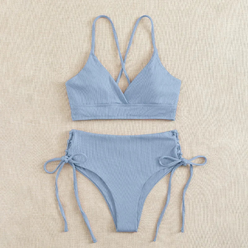 V-Neck Split Bikini Set for Women, Swimsuit, Lace Up, Triangular Bikinis, Solid Color, Beach Swimwear, Bathing Suit