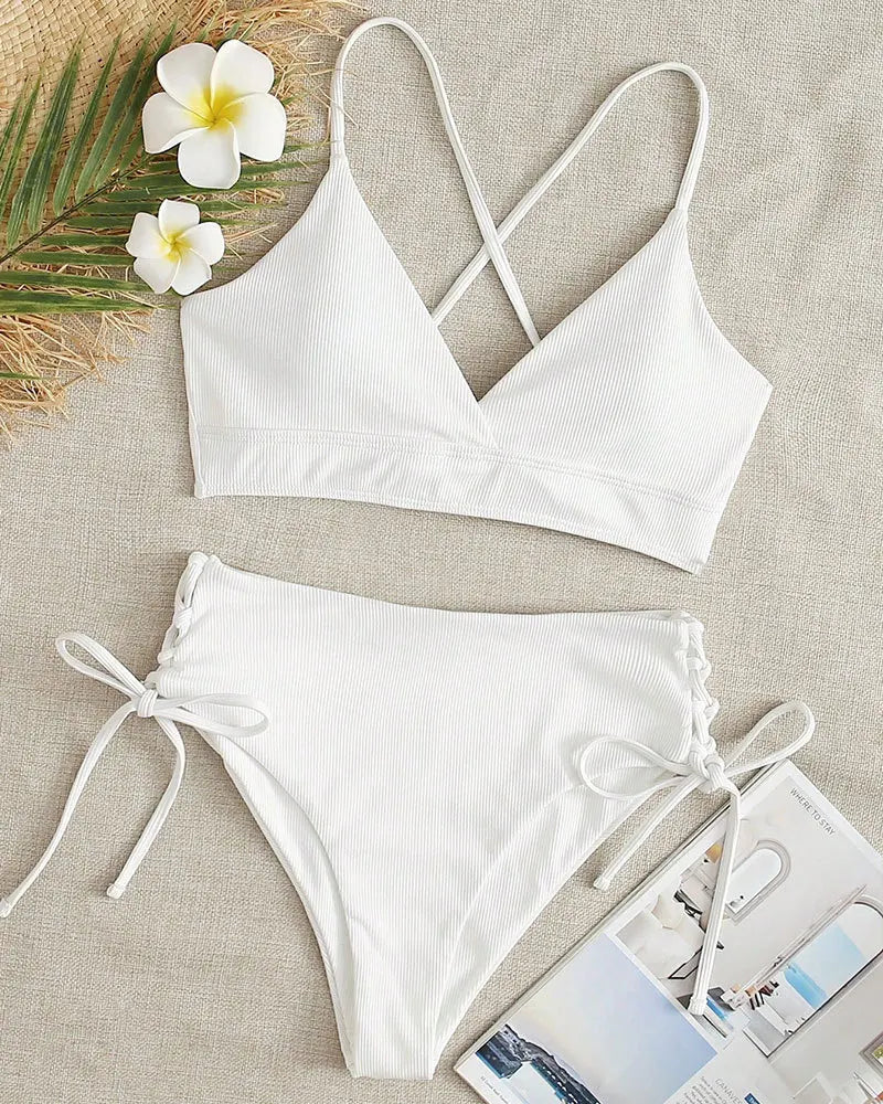 V-Neck Split Bikini Set for Women, Swimsuit, Lace Up, Triangular Bikinis, Solid Color, Beach Swimwear, Bathing Suit