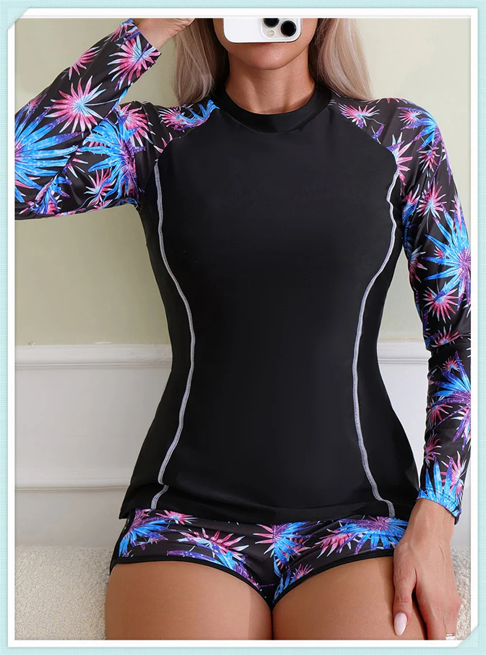 Long Sleeve Rash guard Swimsuit Women Tropical Printed Swimwear Two Pieces Diving Clothes Bathing Suit Surfing Beachwear
