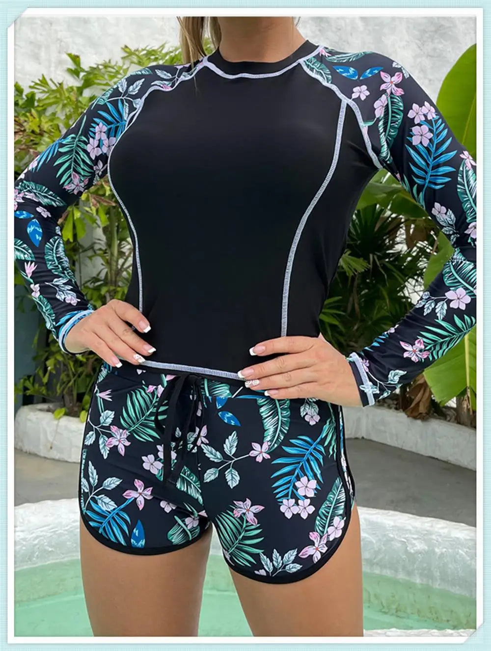 Long Sleeve Rash guard Swimsuit Women Tropical Printed Swimwear Two Pieces Diving Clothes Bathing Suit Surfing Beachwear