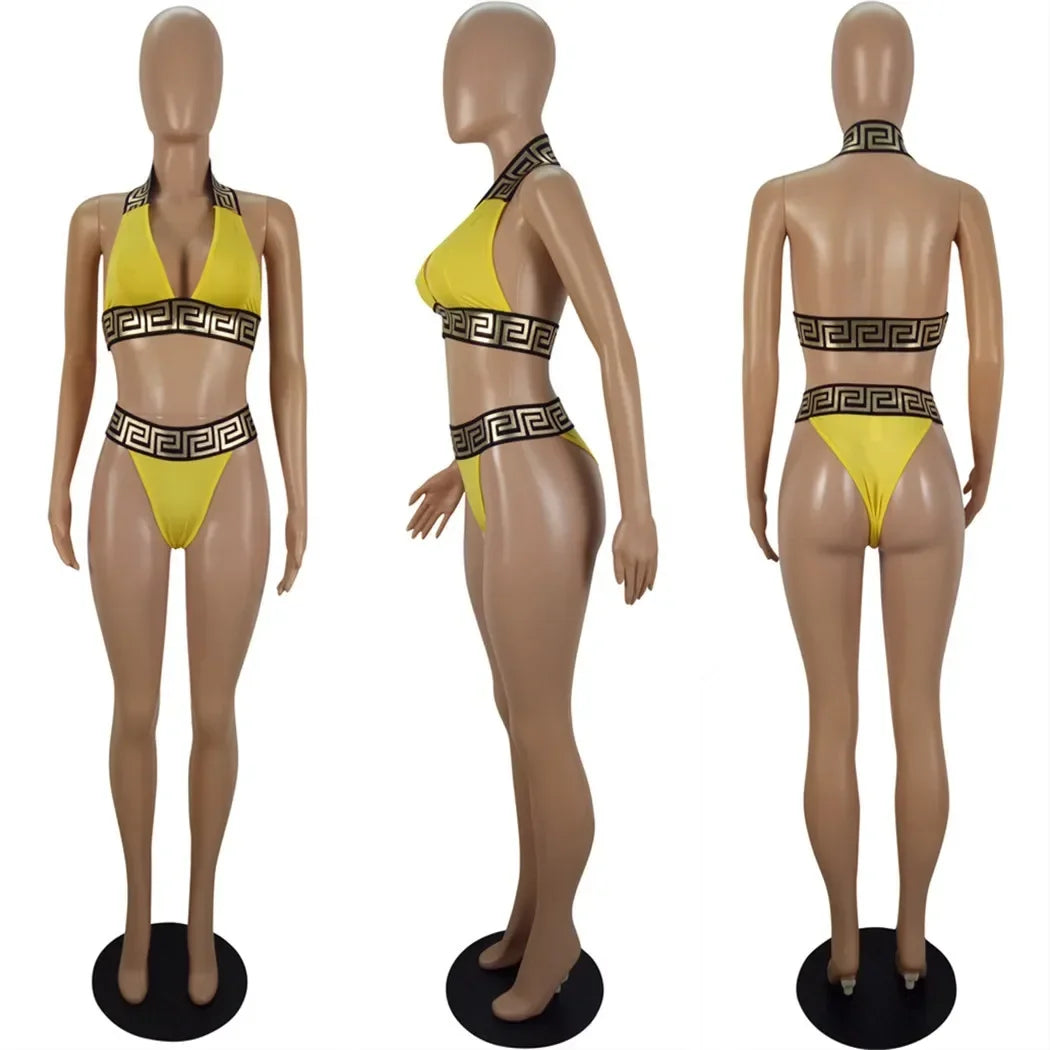 Print Black Push Up Bikini Two Pieces Set Women Swimwear Bandage Halter Swimsuit Bathing Suit