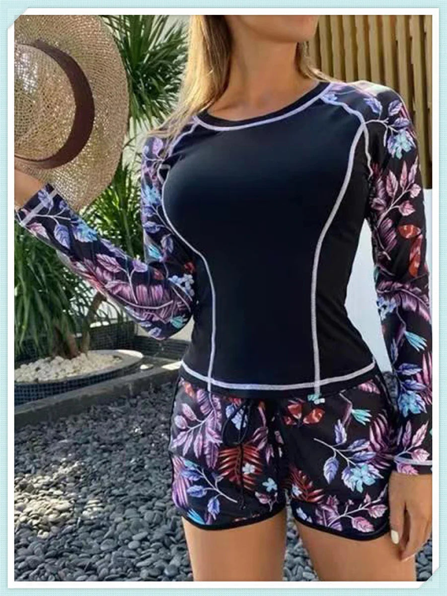 Long Sleeve Rash guard Swimsuit Women Tropical Printed Swimwear Two Pieces Diving Clothes Bathing Suit Surfing Beachwear
