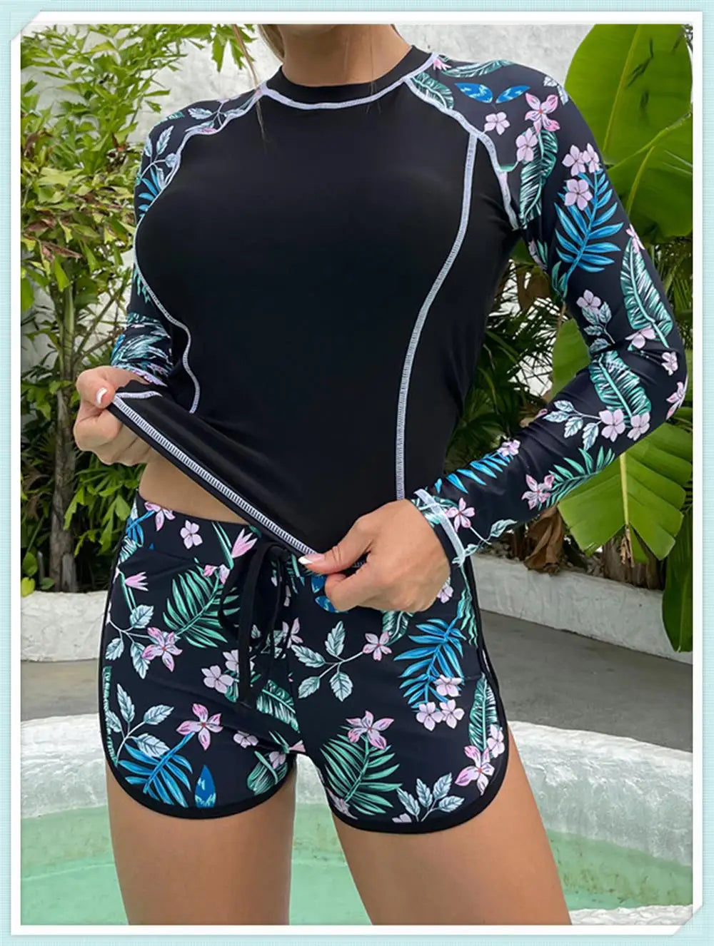 Long Sleeve Rash guard Swimsuit Women Tropical Printed Swimwear Two Pieces Diving Clothes Bathing Suit Surfing Beachwear