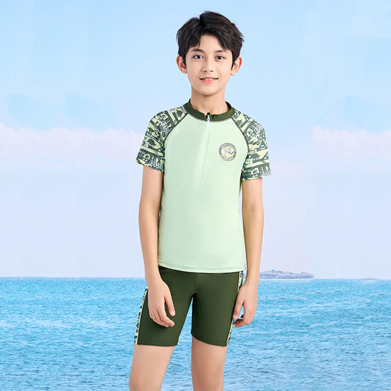 Summer Swimming Suit For Kids Boy Swim Sets Children Swimwear Short Sleeve Swimsuit Split Two Piece Beachwear Fast Dry Trunks