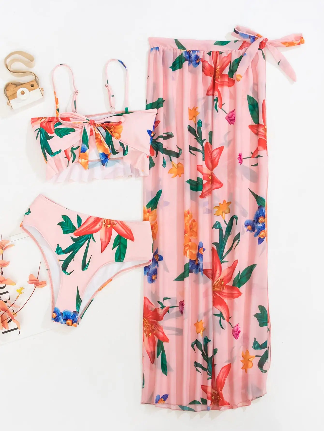 3 Pieces Floral Print Knot Front Bikinis Women Ruffle Swimwear Female High Waist Swimsuit With Beach Skirt Bathing Suit