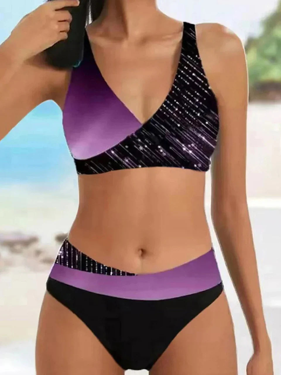 V Neck Bikini Set Women Stripe Print Patchwork Swimwear Summer Beachwear Swimsuit Female Bathers Bathing Swimming Suit 2XL