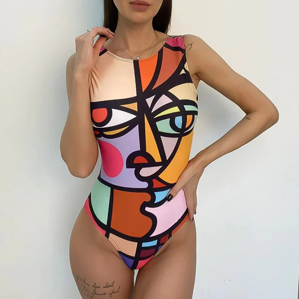 One Piece Swimwear Woman Fashion Abstract Pattern Print Backless Bodysuit Swimsuit Brazilian Beach Bathing Suits
