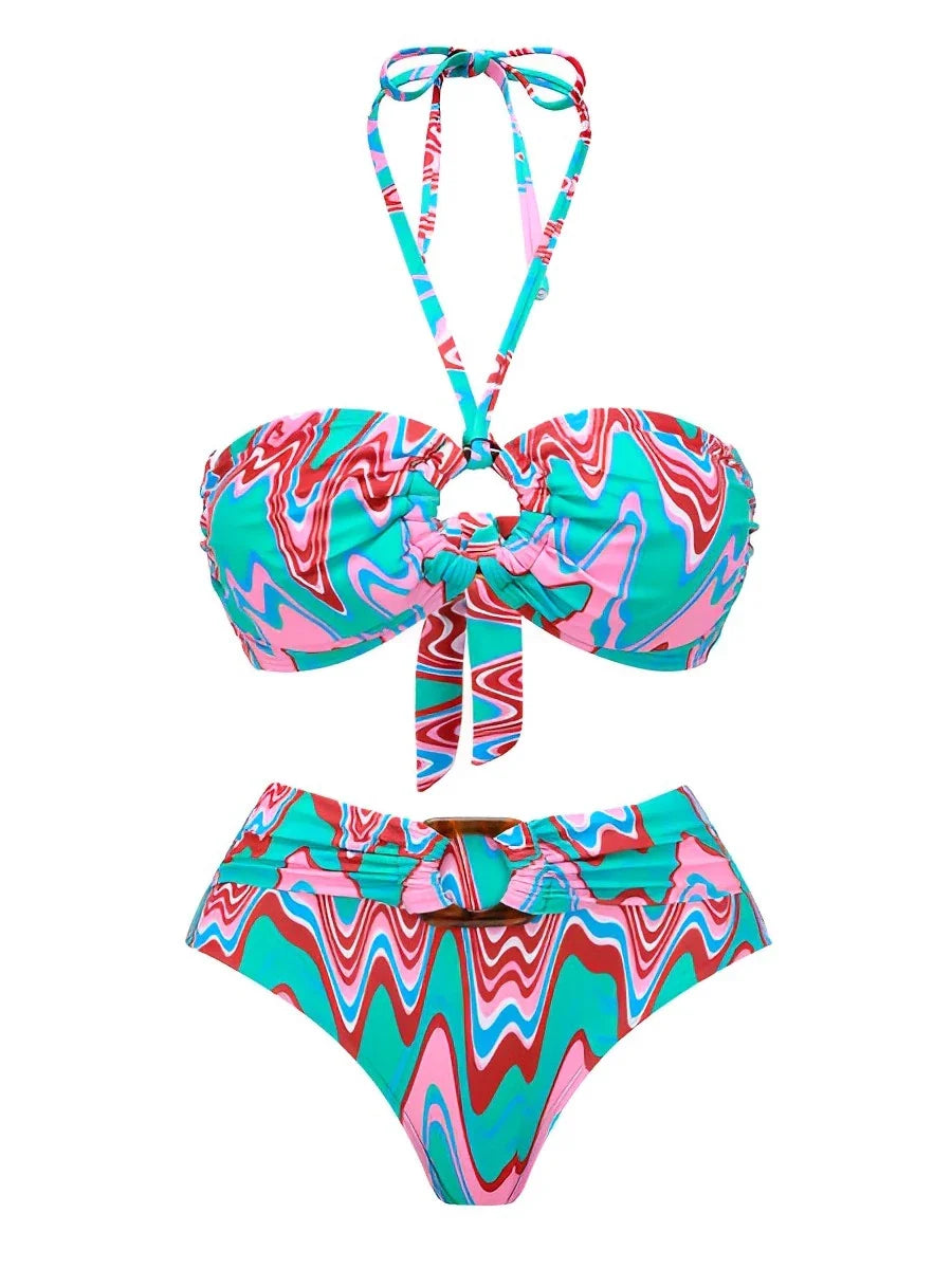 Halter Bandeau Bikini Women High Waist Swimsuit Female Padded Swimwear Bathers Bathing Swimming Swim Suit Summer Beachwear