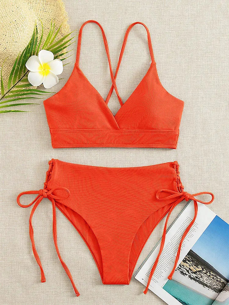 V-Neck Split Bikini Set for Women, Swimsuit, Lace Up, Triangular Bikinis, Solid Color, Beach Swimwear, Bathing Suit