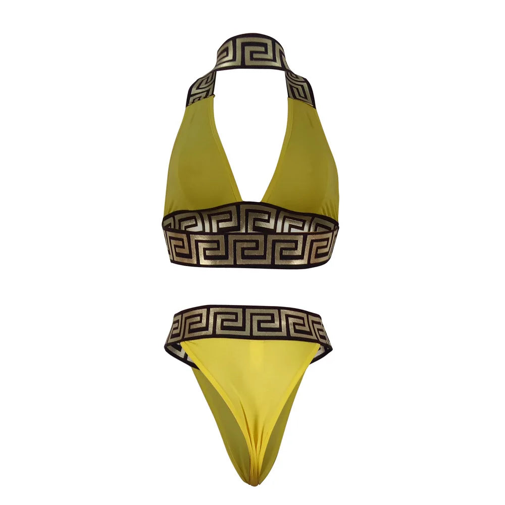 Print Black Push Up Bikini Two Pieces Set Women Swimwear Bandage Halter Swimsuit Bathing Suit