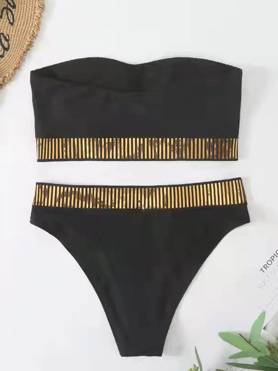 Bandeau High Waist Bikini Women Triangle Swimsuit Stitch Detail Swimwear Padded Bathing Suit Female Solid Beachwear