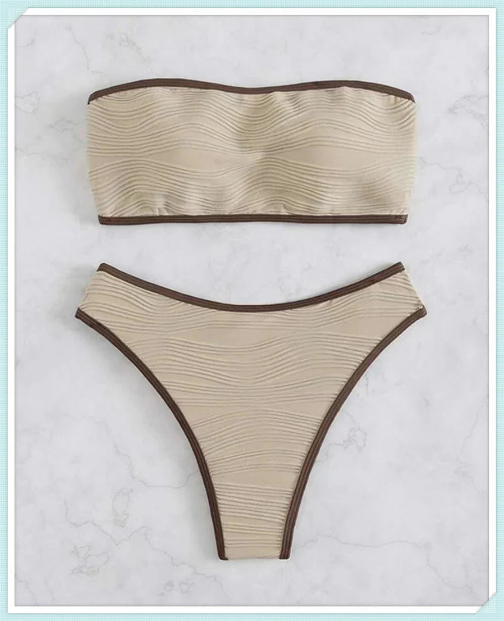 Bandeau High Waist Bikini Women Triangle Swimsuit Stitch Detail Swimwear Padded Bathing Suit Female Solid Beachwear