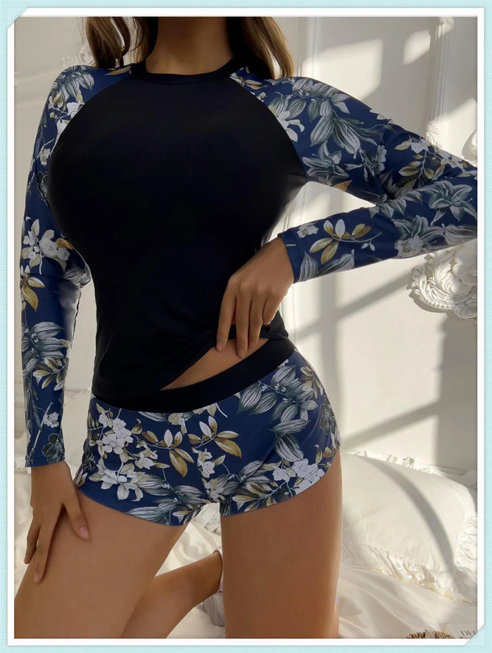 Long Sleeve Rash guard Swimsuit Women Tropical Printed Swimwear Two Pieces Diving Clothes Bathing Suit Surfing Beachwear