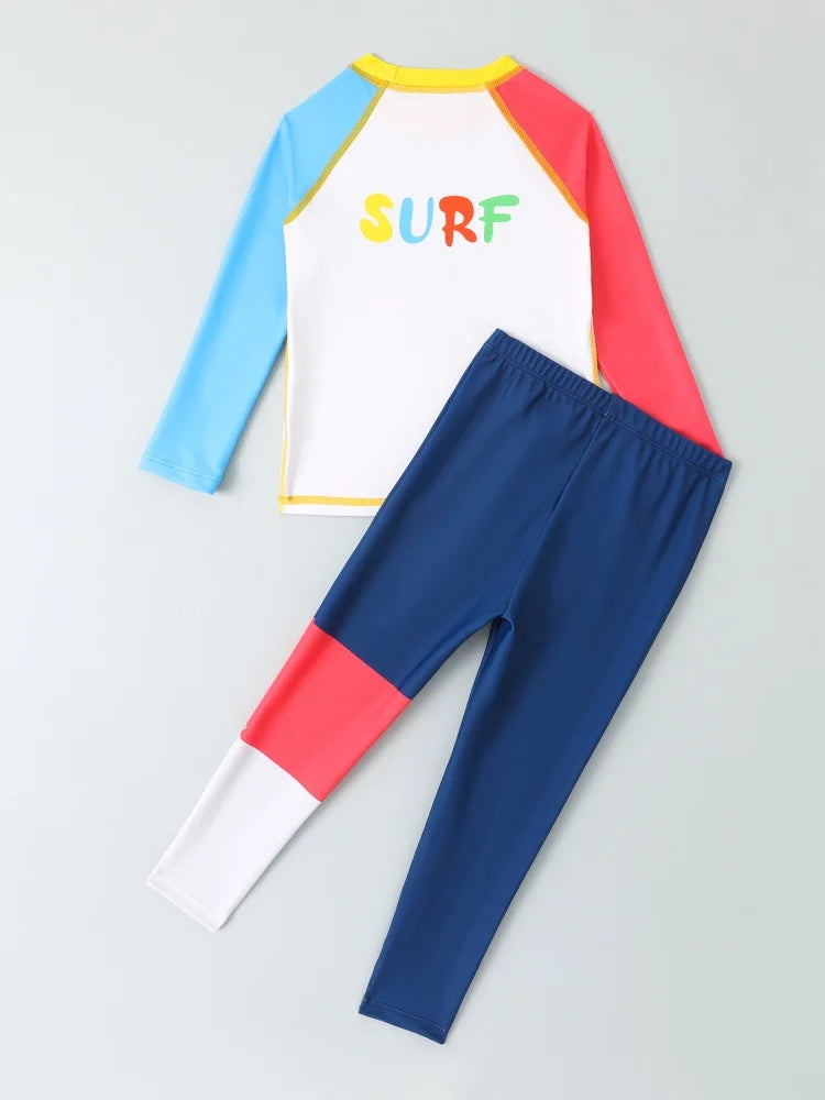 Boy Kids Swimsuit Solid Letter Long Sleeves Trousers Children Swimwear Summer Two Piece Beachwear Bathing Suit Swimming