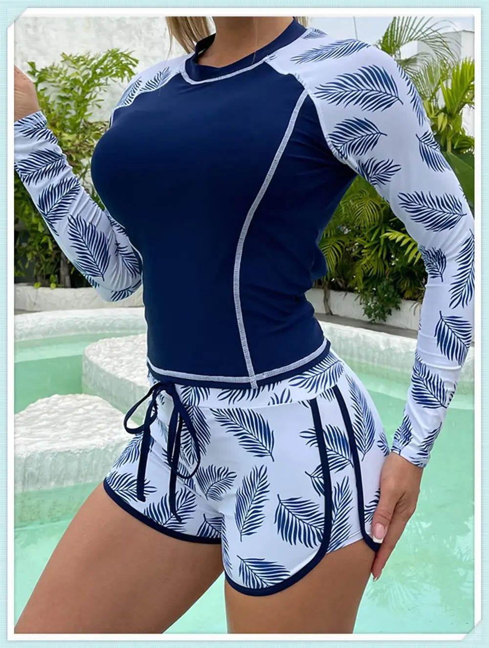 Long Sleeve Rash guard Swimsuit Women Tropical Printed Swimwear Two Pieces Diving Clothes Bathing Suit Surfing Beachwear
