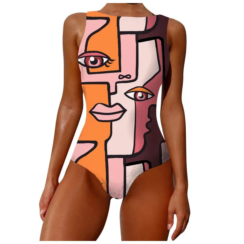 One Piece Swimwear Woman Fashion Abstract Pattern Print Backless Bodysuit Swimsuit Brazilian Beach Bathing Suits