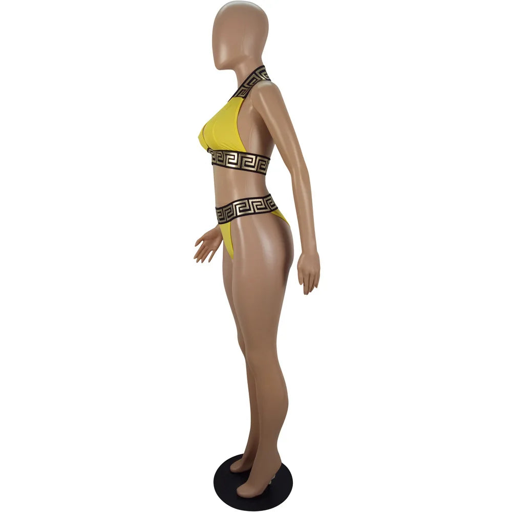 Print Black Push Up Bikini Two Pieces Set Women Swimwear Bandage Halter Swimsuit Bathing Suit