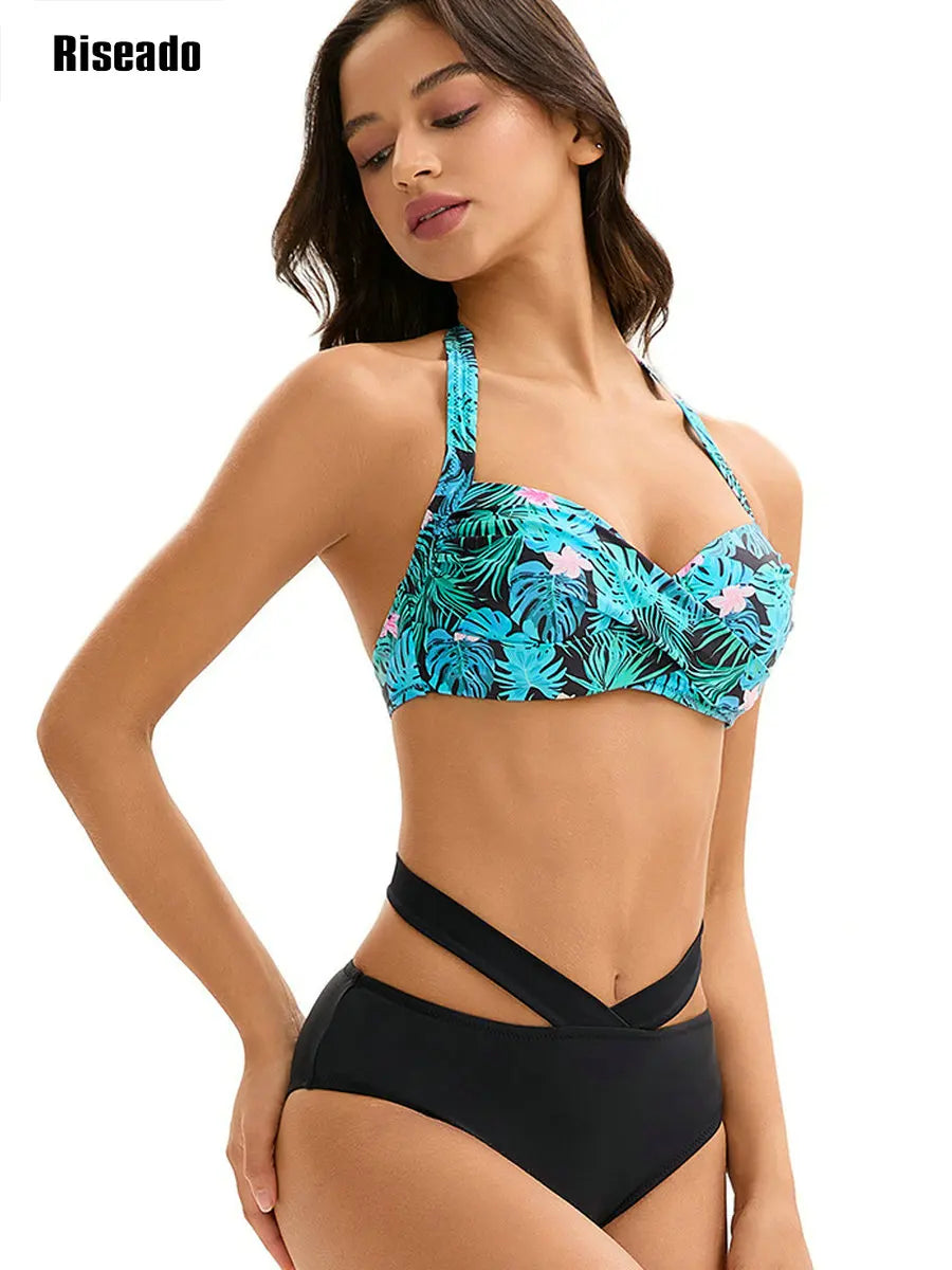 Women's Bikini Sets Two Piece Swimsuit High Waisted Twist Front Adjustable Spaghetti Straps Bathing Suit