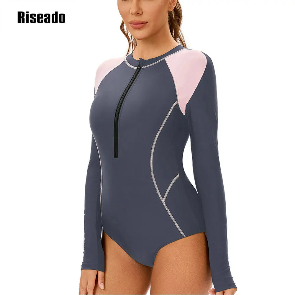 Women's Long Sleeve Rash Guard UV Protection Zipper Printed Surfing One Piece Swimsuit Swimming Beach Wear Bathing Suit
