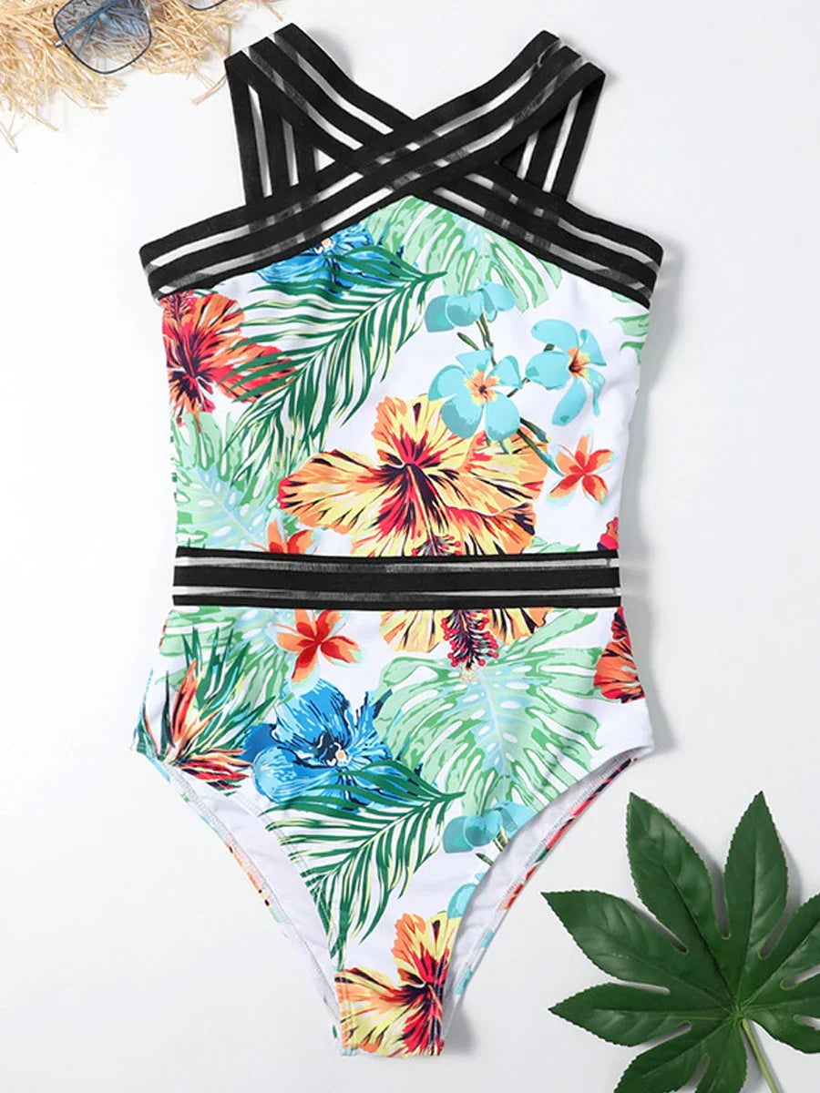 Solid Mesh Tape Swimsuit One Piece High Neck Swimwear Women Cross Front Bathing Suit Female Padded Beachwear Bodysuit
