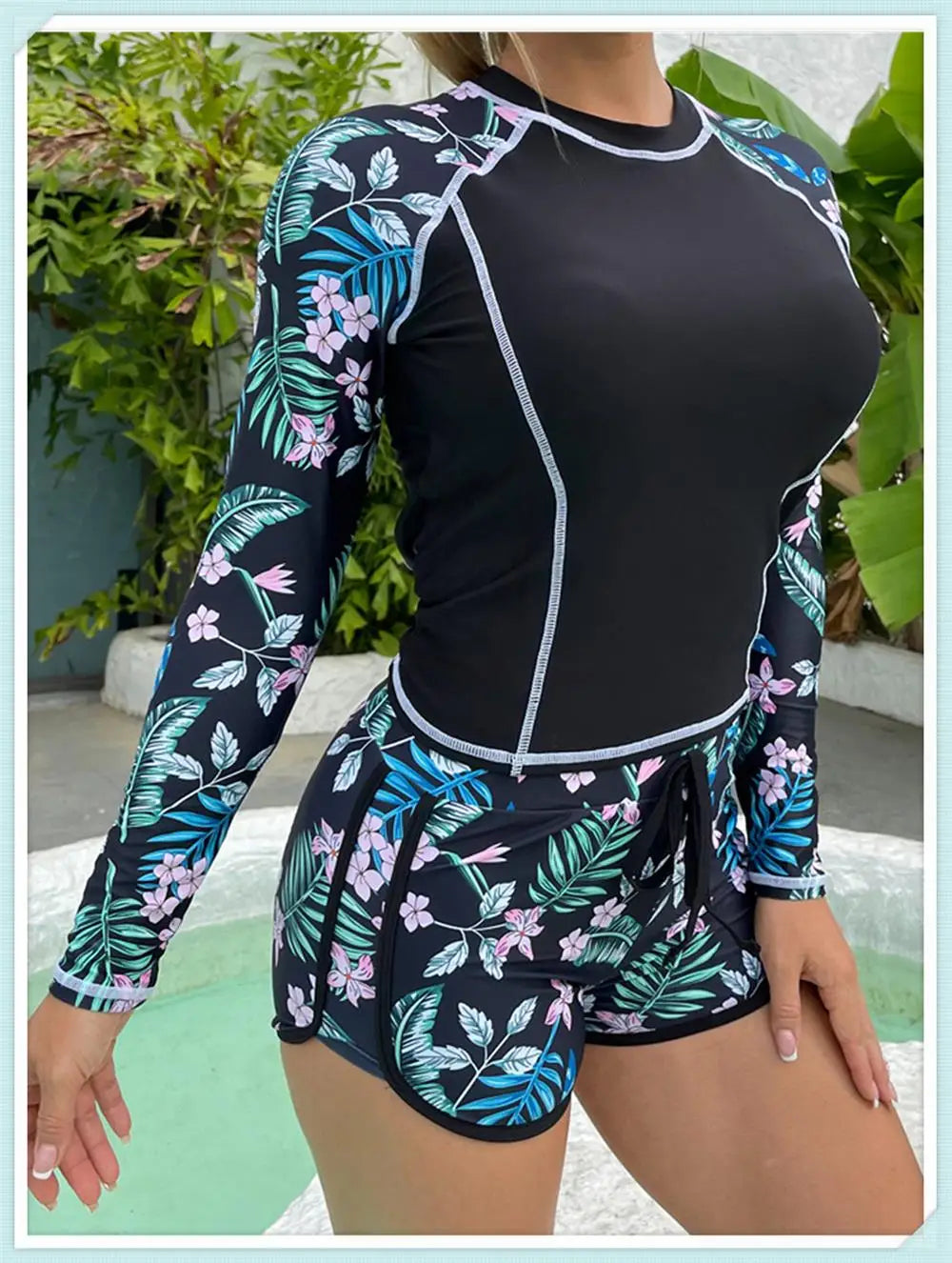 Long Sleeve Rash guard Swimsuit Women Tropical Printed Swimwear Two Pieces Diving Clothes Bathing Suit Surfing Beachwear