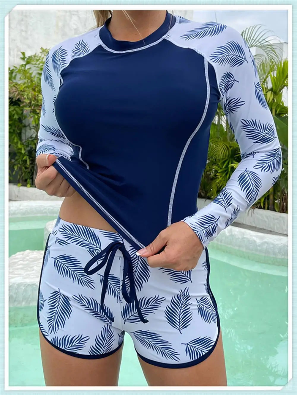 Long Sleeve Rash guard Swimsuit Women Tropical Printed Swimwear Two Pieces Diving Clothes Bathing Suit Surfing Beachwear